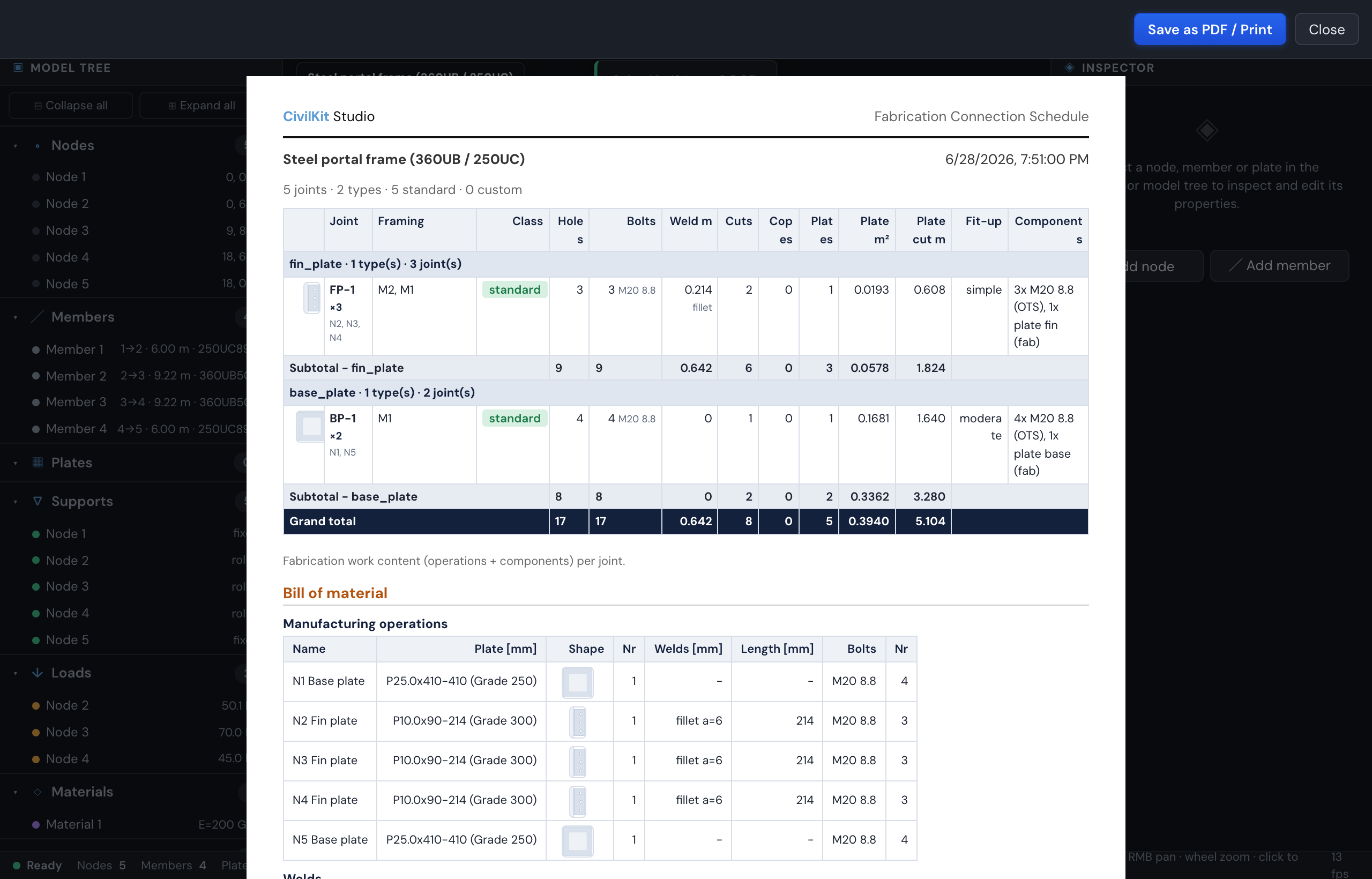 The fabrication connection schedule (auto-designed joints)