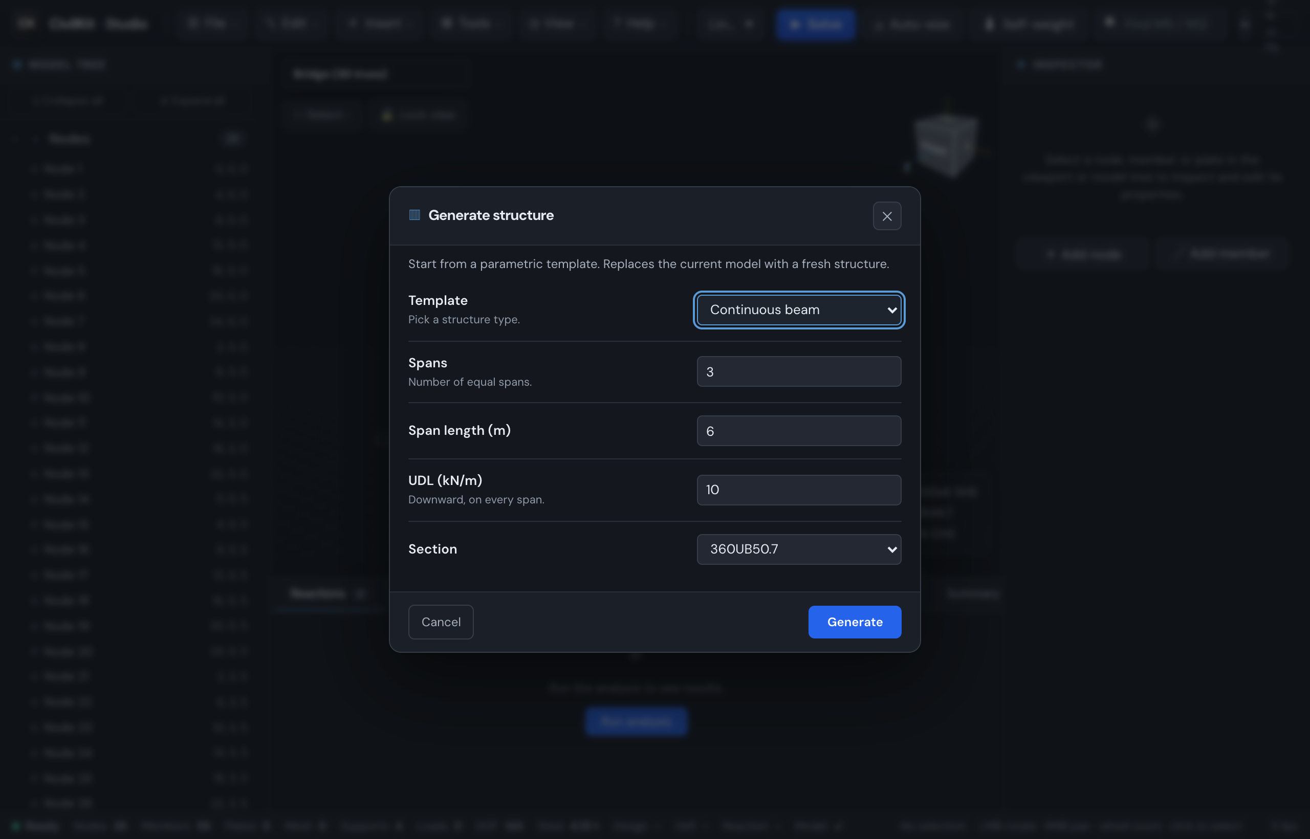 The Generate structure dialog