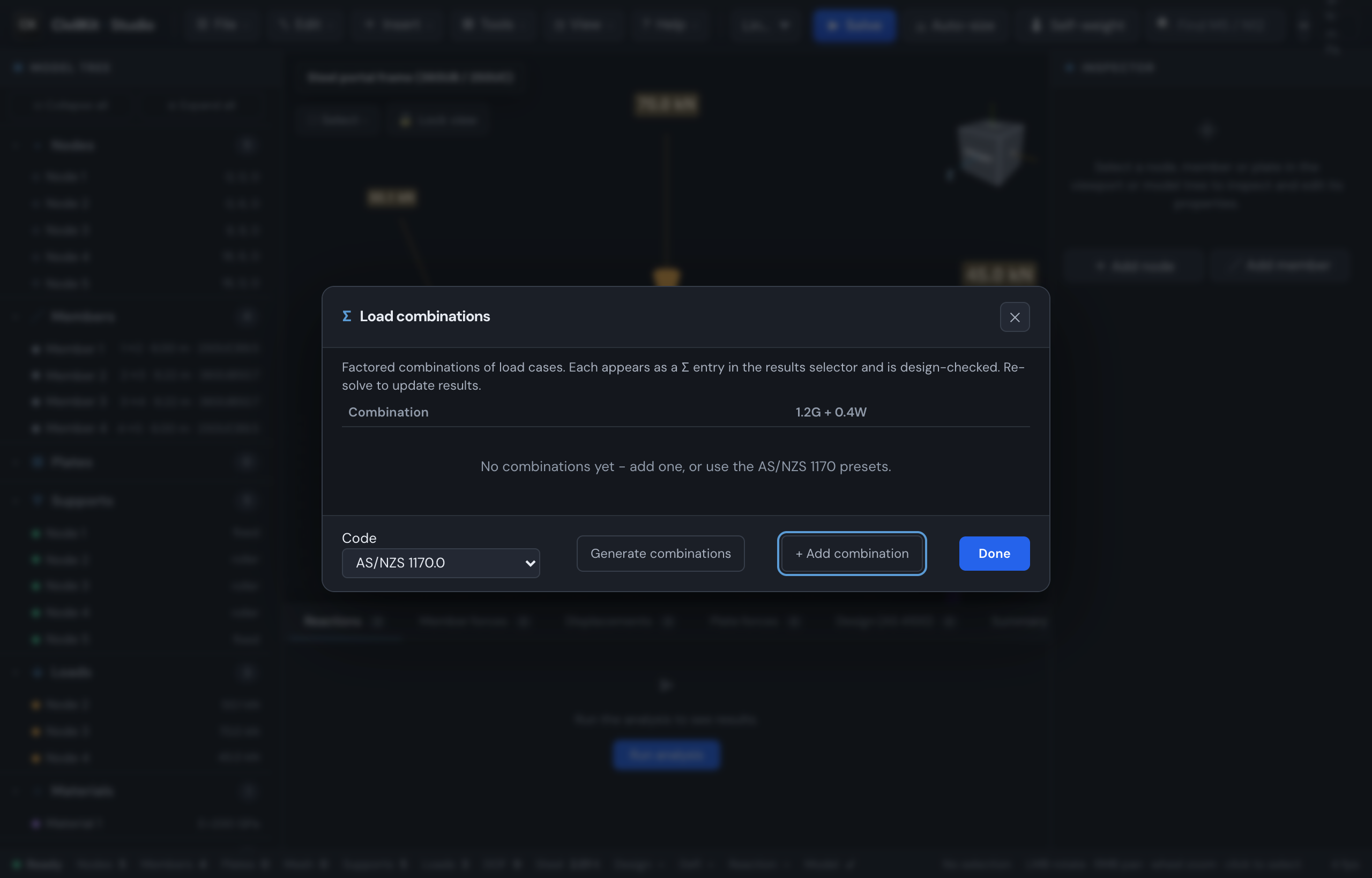The load combinations editor with code presets