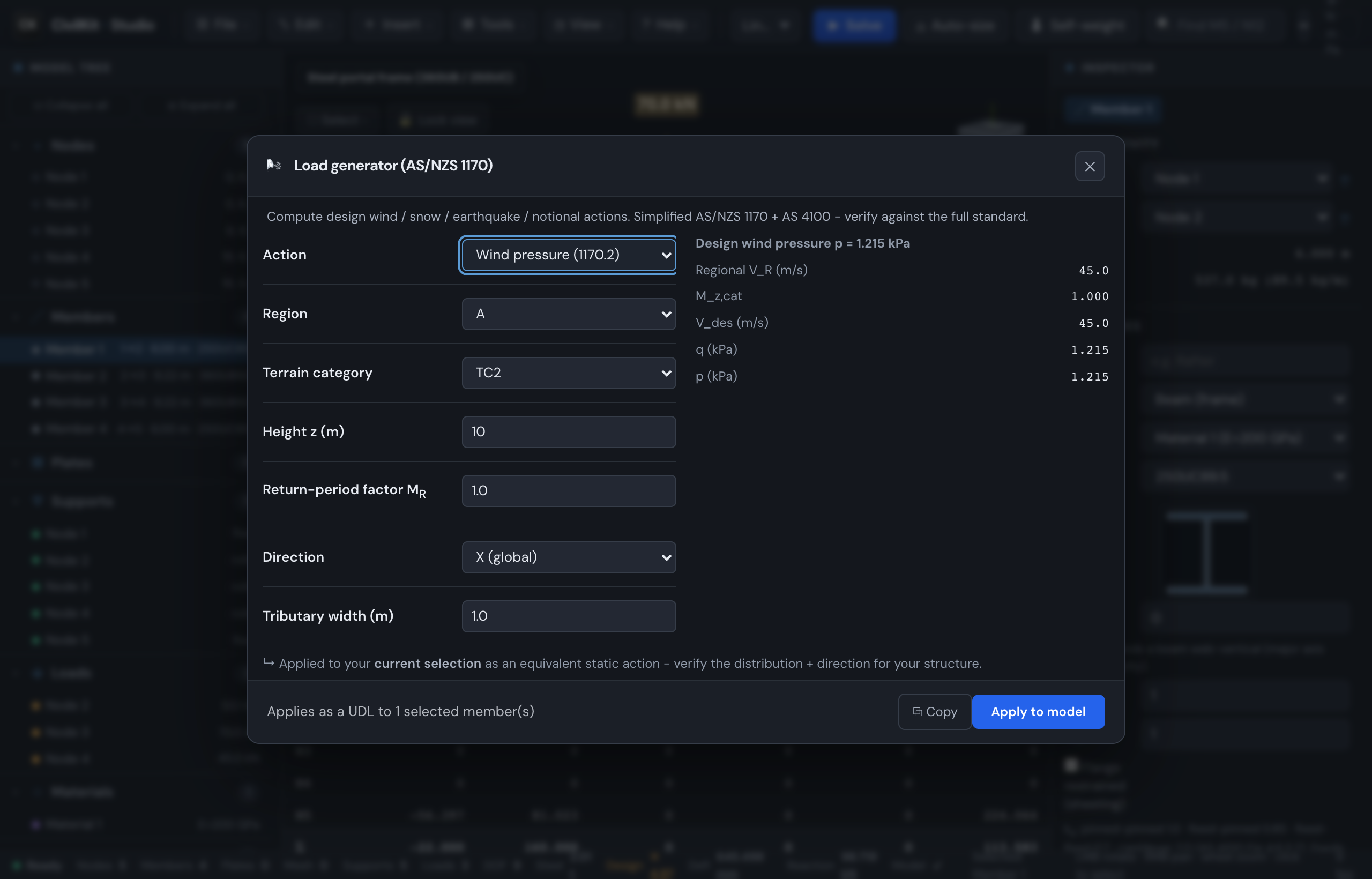 The load generator dialog (AS/NZS 1170)