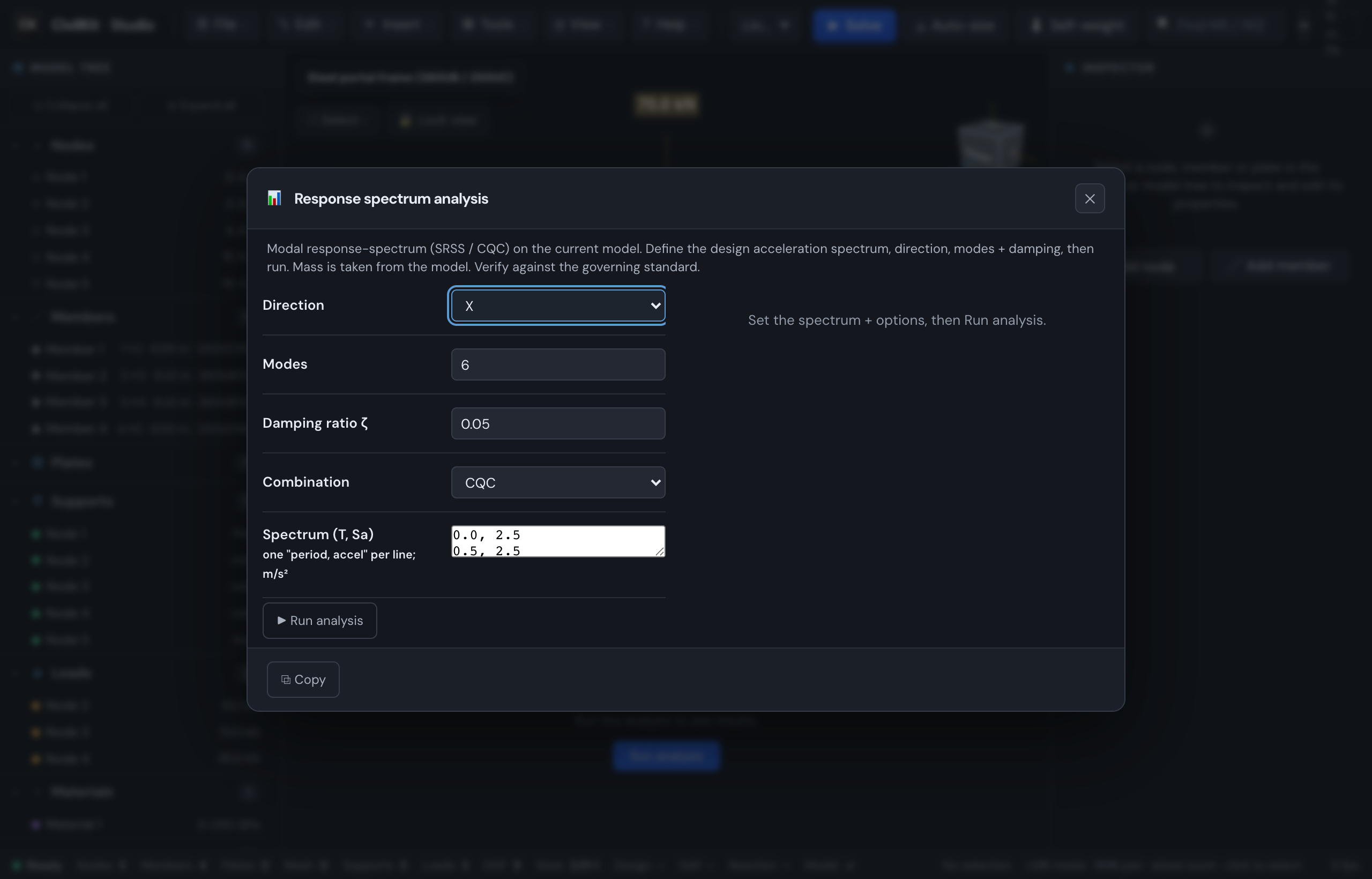 The response spectrum analysis dialog