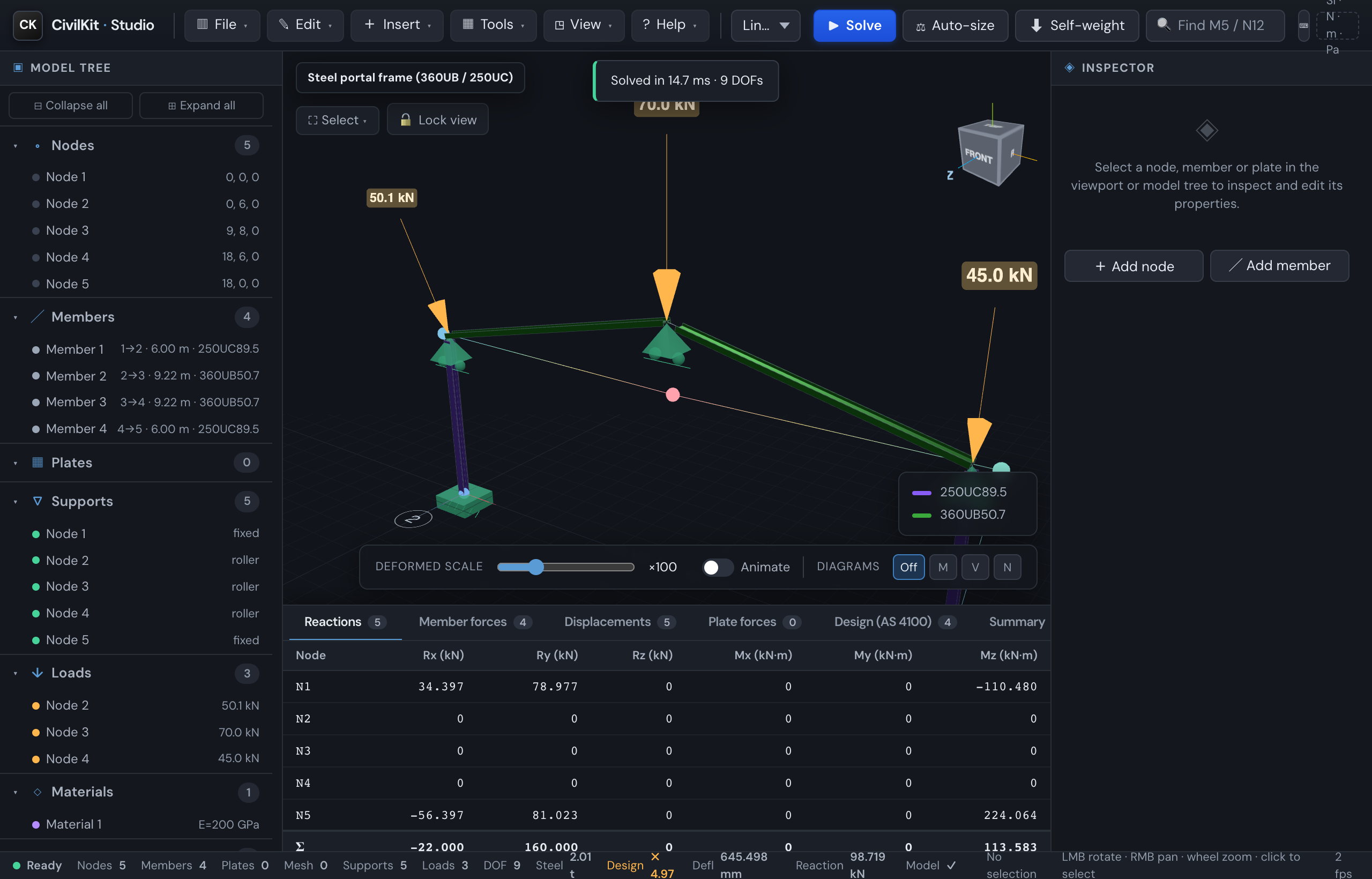 A solved model showing results in the viewport